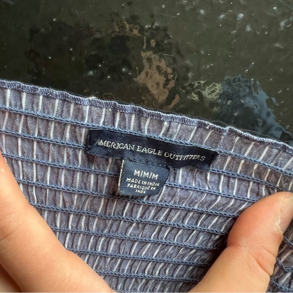 American Eagle Outfitters Navy Blue White Pin Striped Off-Shoulder Top - Picture 3 of 3